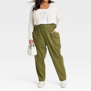 Ava & Viv (2X) Olive Green Paperbag High Waist Belted Pants